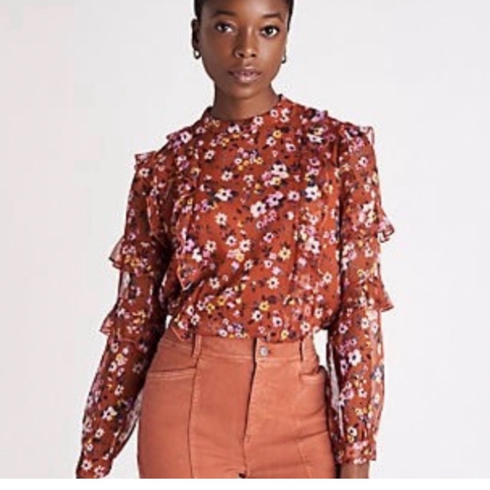Ann Taylor Floral Ruffle Blouse - Rust